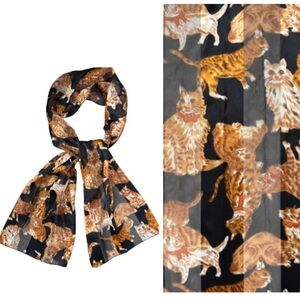 Vintage Cat Scarf Silk Fashion Animal Print Vintage Scarf Black Brown Orange Tan